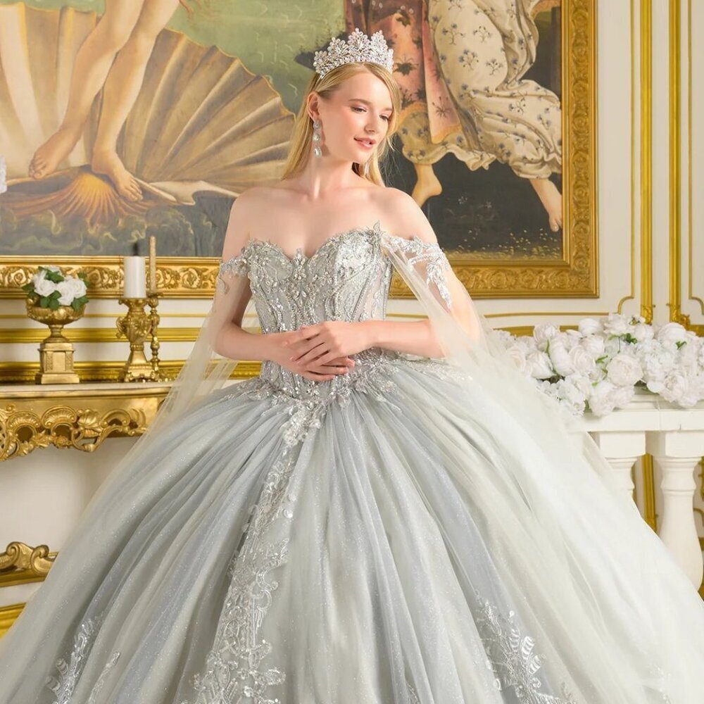 New Silver Quinceanera Mesh Dress w/ Detachable Shoulder Cape Sleeves GL3711
